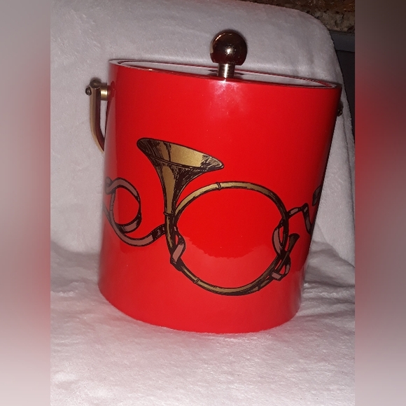 Daniel Baer Signed Hunting Horn Motif Ice Bucket Red & Gold - Picture 4 of 12